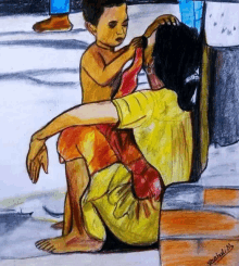 a drawing of a woman kneeling down with a child on her lap has the letters m on the bottom right corner