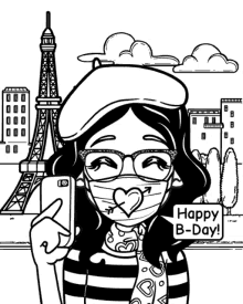 a black and white drawing of a girl wearing a mask and taking a selfie in front of the eiffel tower