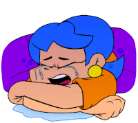 a cartoon girl with blue hair is crying with tears coming out of her eyes