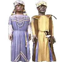 a statue of a man in a purple dress and a statue of a man in a yellow dress