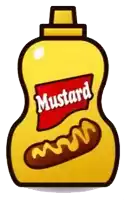 a cartoon drawing of a bottle of mustard with a sausage on it