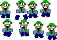 a cartoon character with a green hat and blue pants has many different faces