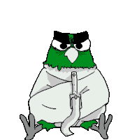 a cartoon drawing of a green bird wrapped in a white blanket