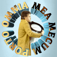 a man is holding a drum in front of a circle that says " omnia mea mecum "