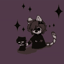 a drawing of a cat holding a stuffed animal with stars in the background