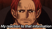 a man with red hair and a beard has the words " my reaction to that information " above him