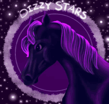 a purple horse with the words dizzy stars on it