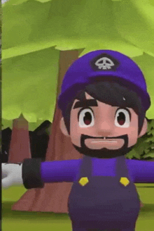 a cartoon character with a beard wearing a purple hat and overalls is standing in front of a tree .