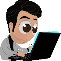 a cartoon character is using a laptop computer