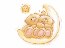 two teddy bears laying on a crescent moon with a star above them