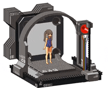 a girl in a blue bathing suit is standing in front of a machine that says eo on it