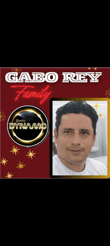 a picture of gabo rey is on a red and gold background