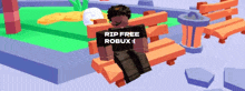 a roblox character is sitting on a bench with the words rip free robux