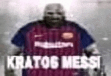 a man with a skull on his head is wearing a soccer jersey with the name kratos messi on it .