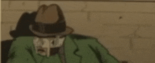 a cartoon of a man wearing a hat and a green coat .