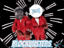 two men in red jumpsuits are dancing in front of a clock that says blockbusters on it