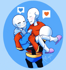 a drawing of a skeleton holding another skeleton in his arms with a heart in the background