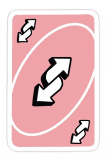 a pink uno card with two arrows pointing in opposite directions