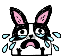 a black and white dog with pink ears is crying with tears coming out of its eyes