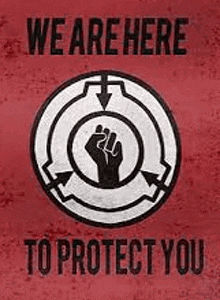 a poster that says `` we are here to protect you '' with a fist in the middle of a circle on a red background .