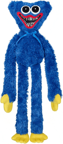 a blue stuffed animal with yellow hands and feet is on a white background