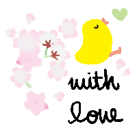 a yellow chick is surrounded by pink flowers with the words " with love " below it