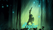 a silhouette of a person holding a sword with the word reglas written in blue