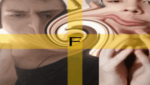 a man 's face is surrounded by a swirl with the letter f in the center