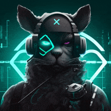 a cat wearing headphones and a helmet with a cross on it