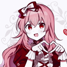 a girl with pink hair and red eyes making a heart shape with her hands