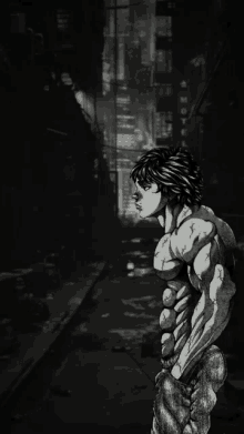 a black and white drawing of a muscular man standing in a dark alley .