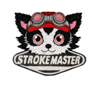 a black and white dog wearing a red hat and goggles with the words stroke master below it