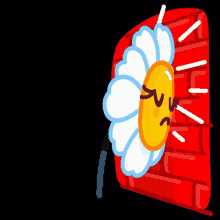 a cartoon illustration of a flower with a sad face behind a red brick wall