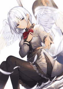 a girl with white hair and wings is sitting on a piano