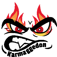 a logo that says karmageddon with a cartoon face on it