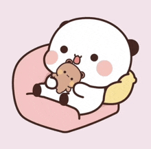 a cartoon panda is sitting on a pink pillow holding a teddy bear .