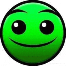 a green smiley face with big eyes and a smile on its face .