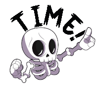 a cartoon drawing of a skeleton holding a bone with the words time written above it