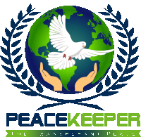 a logo for peacekeeper shows a dove flying over the earth