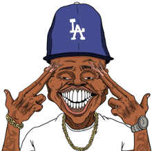 a cartoon of a man wearing a blue la hat