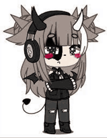 a girl with horns and headphones is wearing a black jacket .