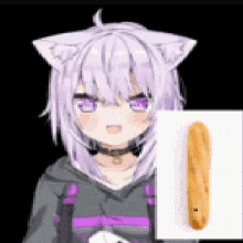 a pixel art of a cat girl with purple hair holding a baguette .