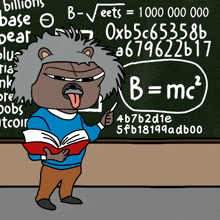 a cartoon of a bear standing in front of a blackboard with the equation b = mc2 written on it