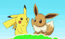 a pikachu and eevee are standing next to each other on a green hill .