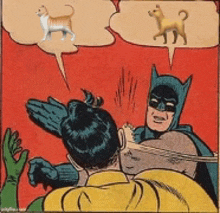 a comic book scene with batman and robin talking about a dog