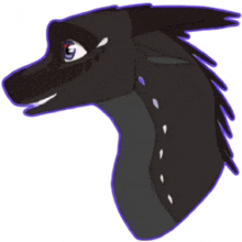 a drawing of a black dragon 's head with a purple outline .