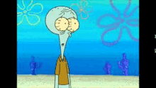 squidward from spongebob squarepants is standing on the beach looking at the camera .