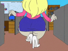 a cartoon of a woman in an office with quarterly earnings written on the screen behind her