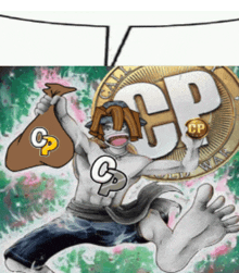 a cartoon of a man holding a bag of money and a coin with the letters cp on it