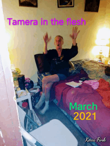 a man is sitting on a bed with the words tamera in the flesh written above him